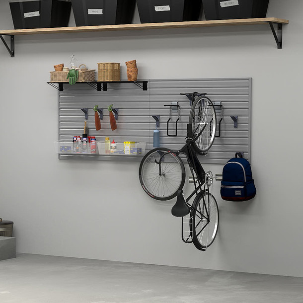 17 Piece Slatwall Panel, Shelf, Bin & Bike Hook Storage Set - Silver Slatwall
